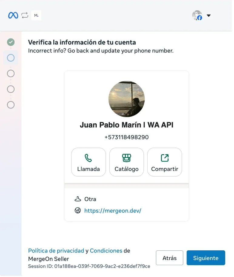 Pantalla de Meta "Verifica la información de tu cuenta" mostrando la tarjeta de perfil de la cuenta de WhatsApp Business con foto, nombre, número y botones