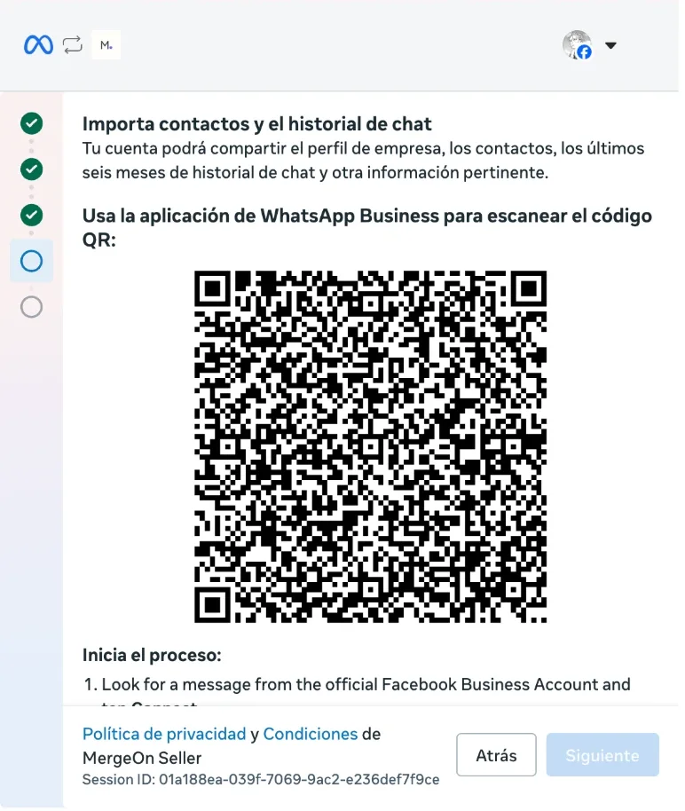 Pantalla de Meta "Importa contactos y el historial de chat" con el código QR que se escanea desde la app de WhatsApp Business