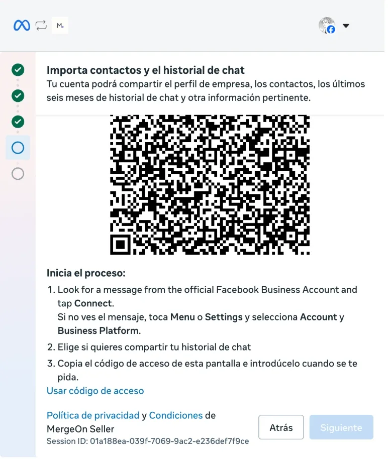 Las instrucciones bajo el código QR: buscar el mensaje de la cuenta oficial de Facebook Business, elegir si se comparte el historial y copiar el código de acceso, con el enlace "Usar código de acceso"