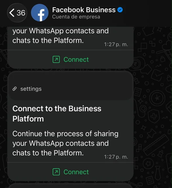 Chat de la cuenta oficial Facebook Business en WhatsApp Business con la tarjeta "Connect to the Business Platform" y el botón Connect