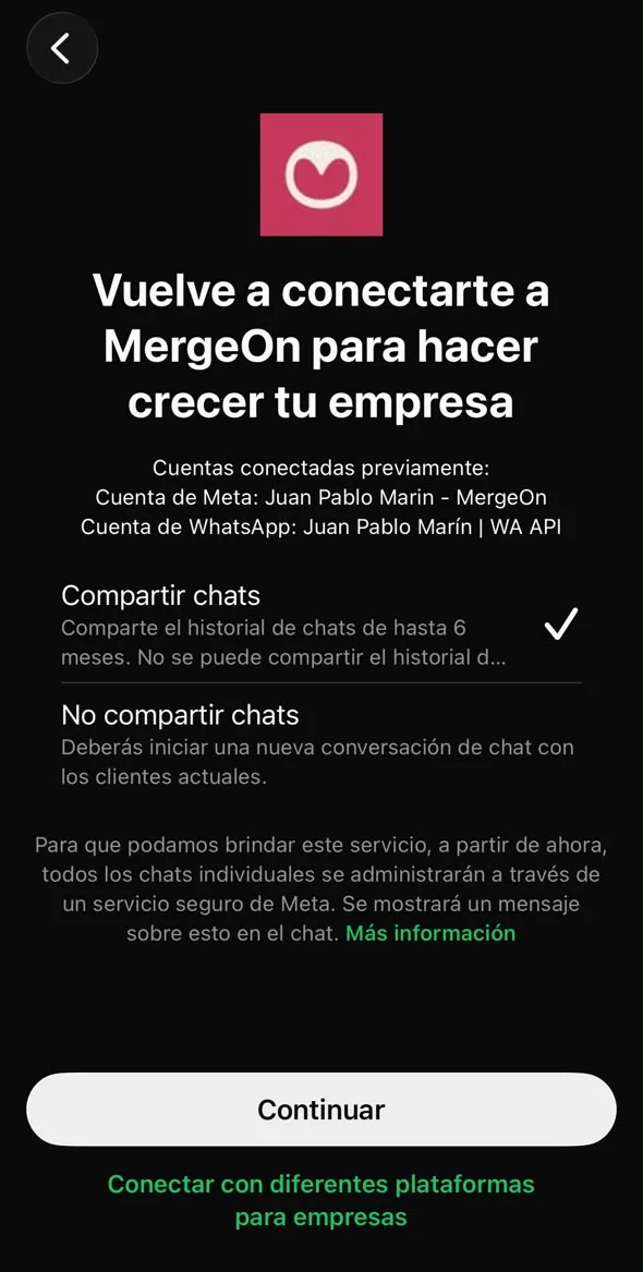 Pantalla de la app de WhatsApp Business para elegir entre compartir el historial de chats de hasta 6 meses o no compartirlo
