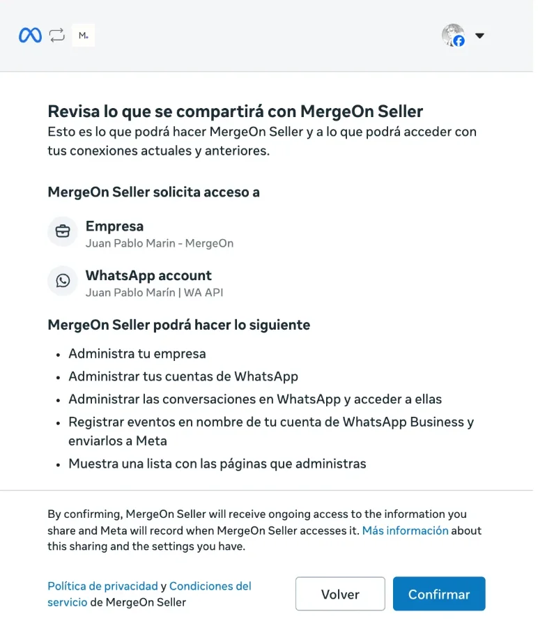 Pantalla final de Meta "Revisa lo que se compartirá" con la lista de permisos que recibe la plataforma y el botón Confirmar